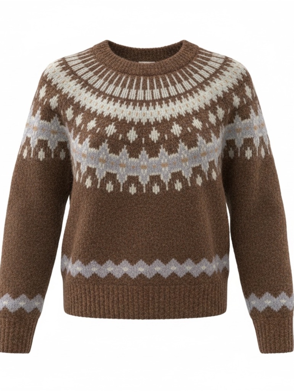 Aqua Brown Fair Isle Crewneck Sweater with Cream and Light Gray Pattern